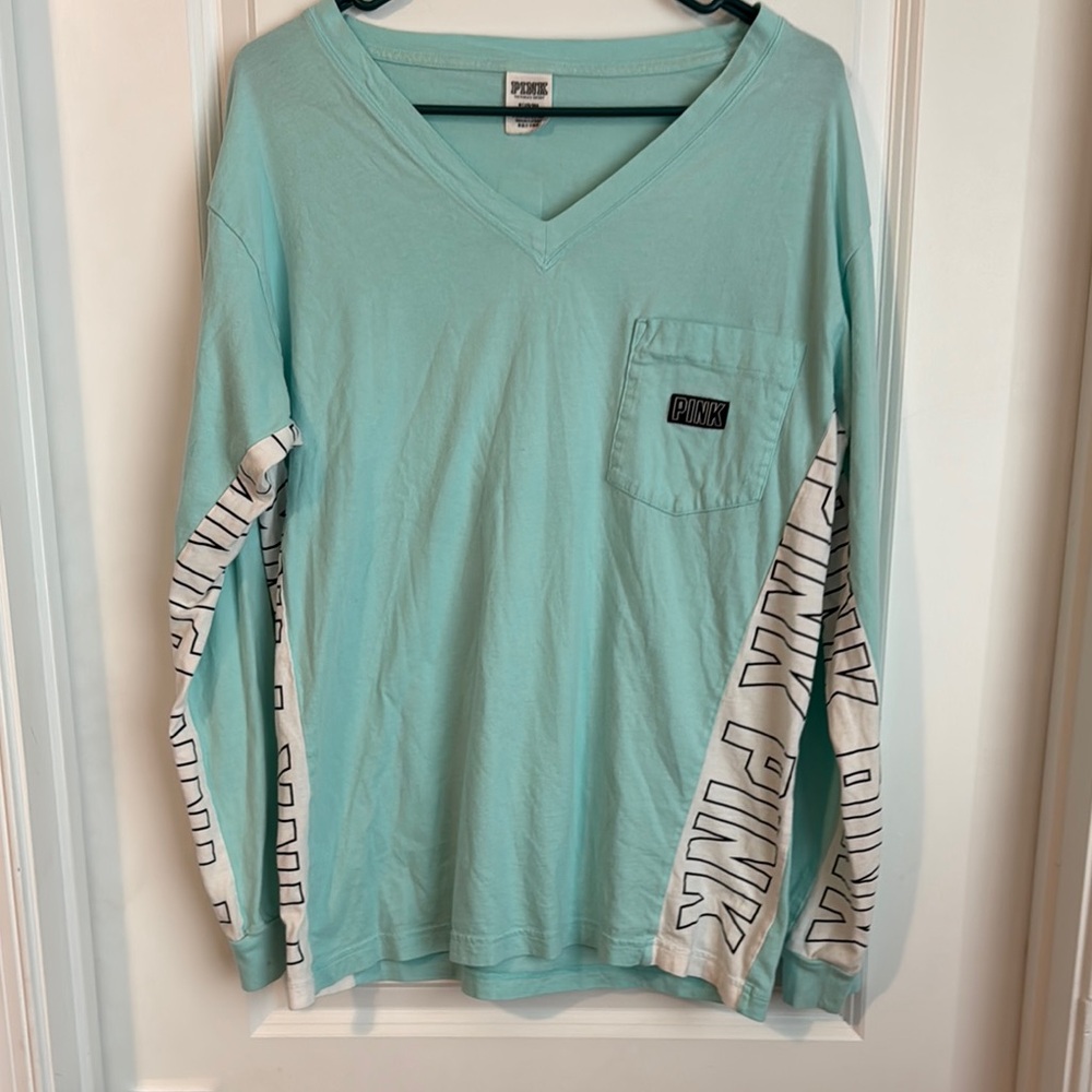 PINK Victoria's Secret Blue Long Sleeve Tee with Graphic Sleeves